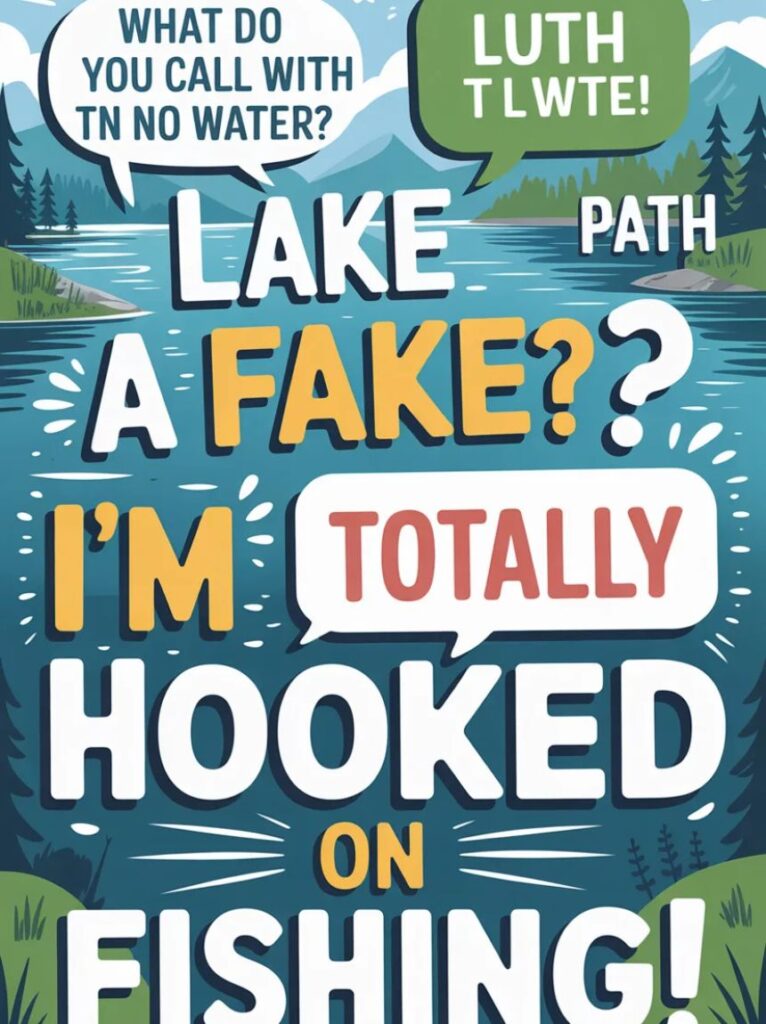 A cheerful cartoon lake with smiling fish and ducks, representing 145 funny lake puns and one-liner jokes