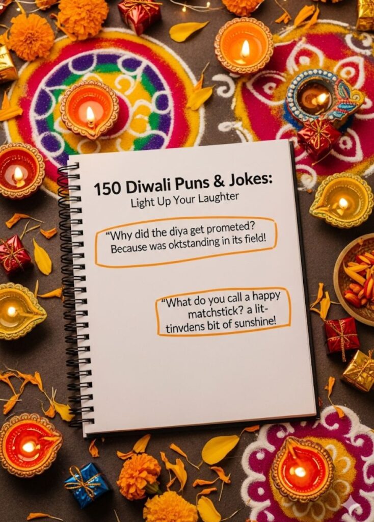 A collection of 150 Diwali puns and jokes designed to light up your laughter, featuring playful humor, clever wordplay, and festive fun.