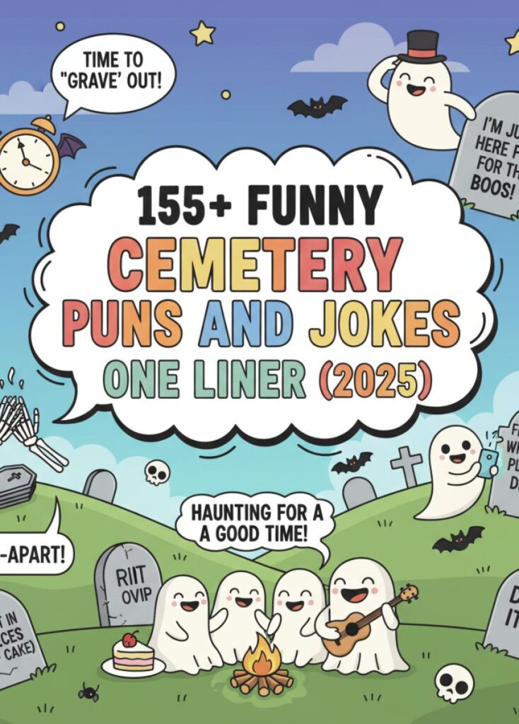 A collection of 155 funny cemetery-themed puns and one-liner jokes for 2025, featuring clever wordplay, playful humor, and lighthearted spooky laughs.