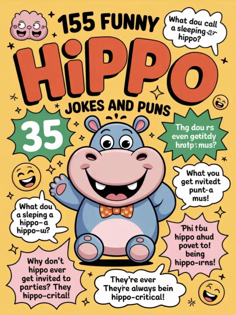 "Collection of 155 funny hippo jokes and one-liners for 2025, featuring clever animal puns and humor perfect for sharing laughs online.