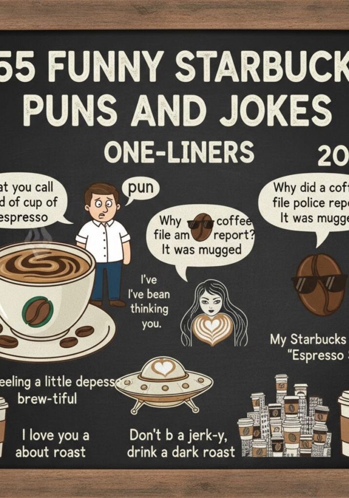 Collection of 155 funny Starbucks puns and one-liner jokes for 2025, featuring clever wordplay and sharable humor for coffee lovers and friends."