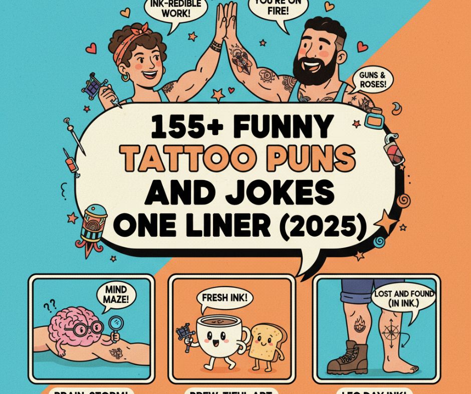 A collection of 155 funny tattoo-themed puns and one-liner jokes for 2025, featuring playful humor, clever wordplay, and lighthearted laughs."