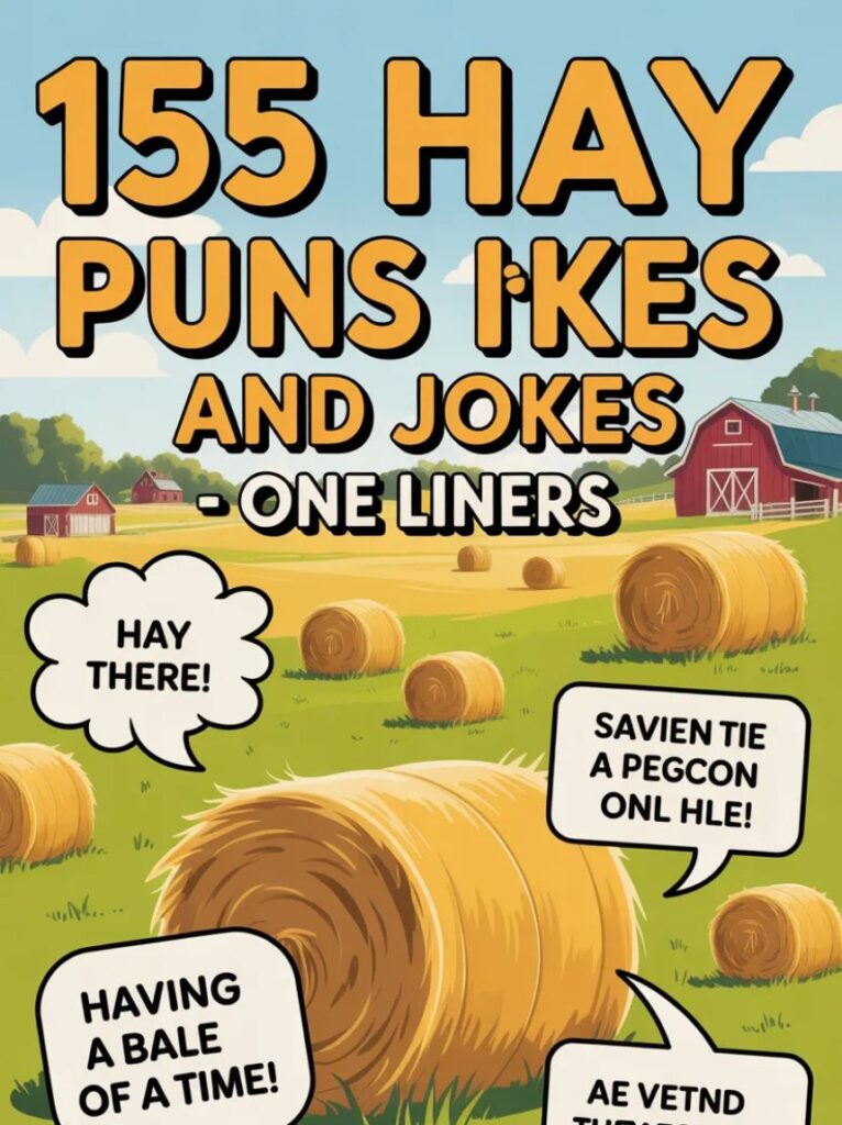 A cheerful cartoon haystack with a smiling face, representing 155 funny hay puns and one-liner jokes in a lighthearted, playful style.