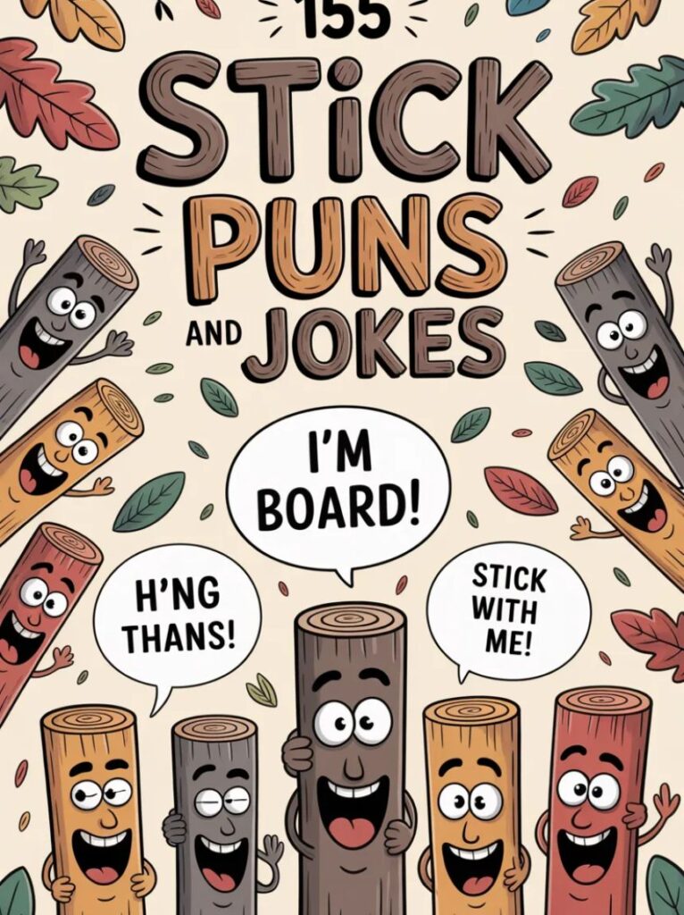 A playful cartoon stick character smiling and gesturing, representing 155 funny stick puns and one-liner jokes in a lighthearted, humorous style