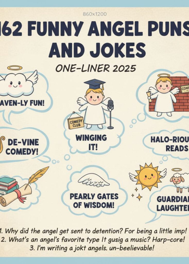 A collection of 162 funny angel-themed puns and one-liner jokes for 2025, featuring playful humor, clever wordplay, and lighthearted laughs.