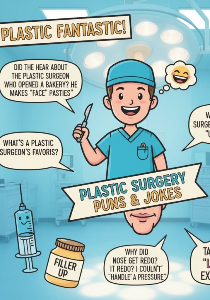 Collection of 165 funny plastic surgery puns and one-liner jokes for 2025, featuring clever humor and witty wordplay perfect for light laughs."