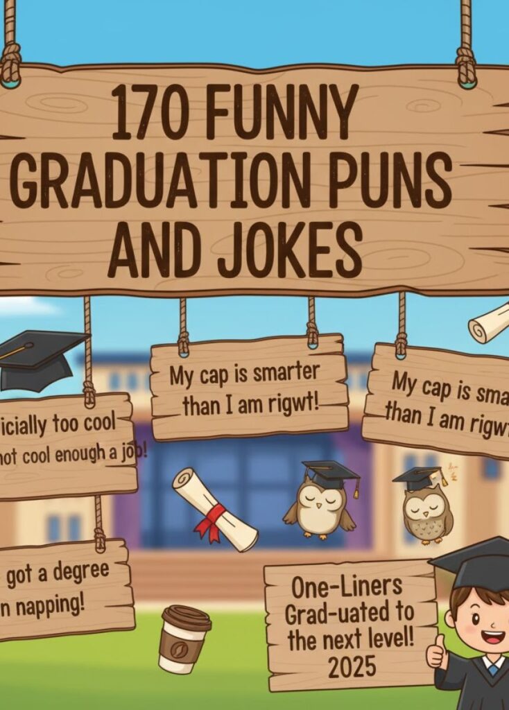 "Colorful graphic showing graduates laughing and celebrating with clever one-liner jokes and puns about graduation in 2025."