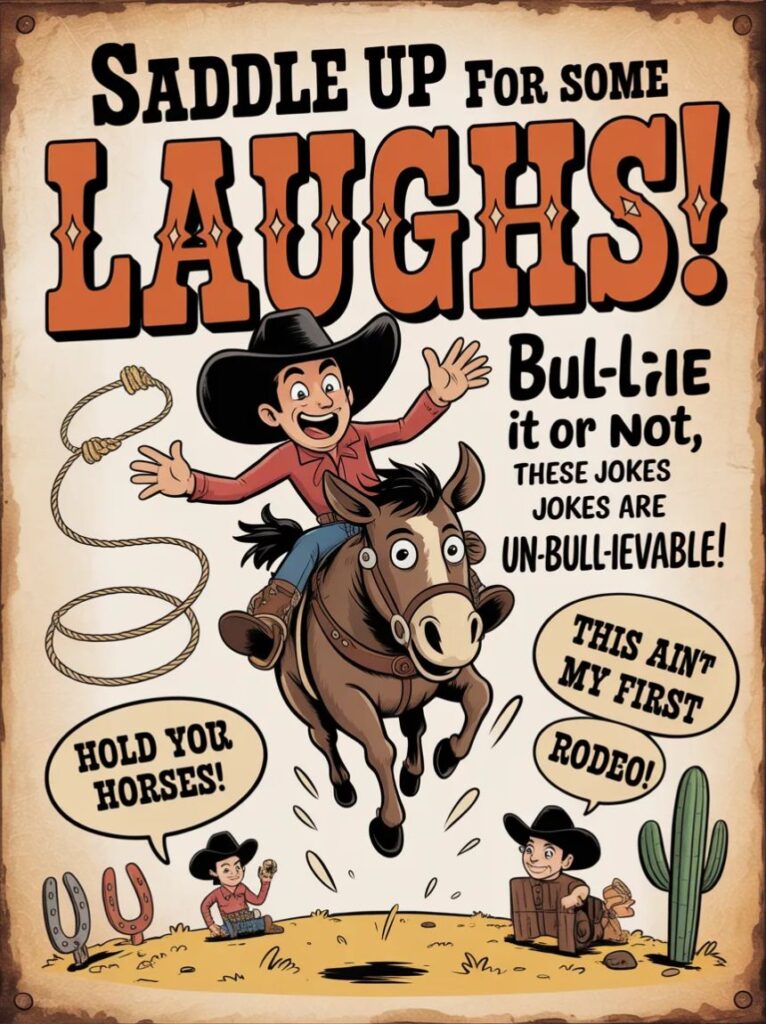 "Giddy up for 170+ funny rodeo puns, clever cowboy jokes, and one-liners that’ll lasso your laughter and keep the humor bucking all day long!