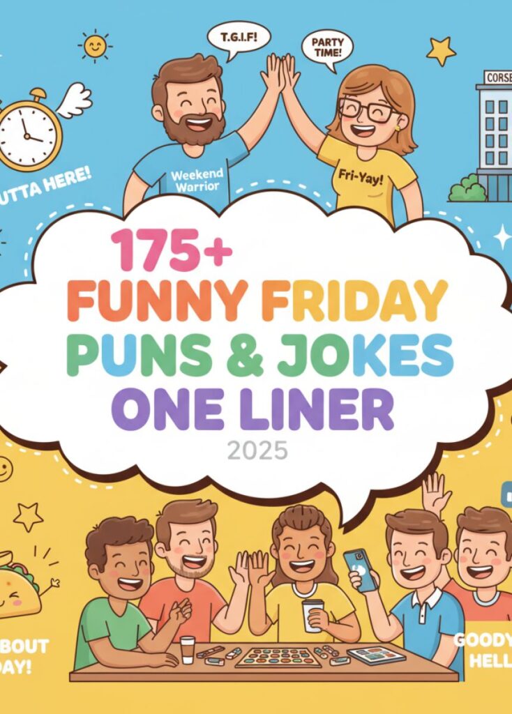 A collection of 175 funny Friday-themed puns and one-liner jokes for 2025, featuring playful humor, clever wordplay, and lighthearted laughs."