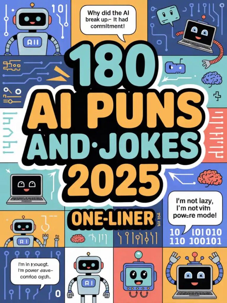 "Collection of 180 funny AI puns and one-liner jokes for 2025, featuring clever tech, robotics, and artificial intelligence humor