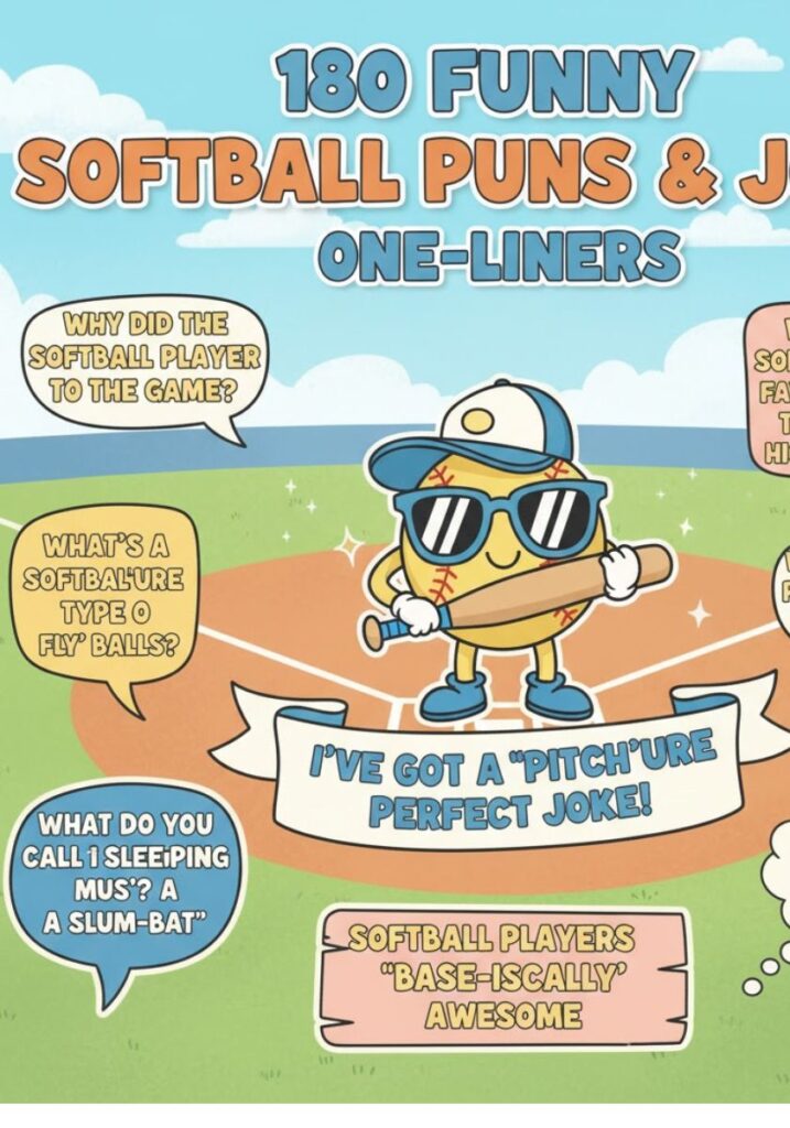 A collection of 180 funny softball puns and one-liner jokes (2025) featuring witty wordplay, team humor, and clever lines that hit a home run in laughter.