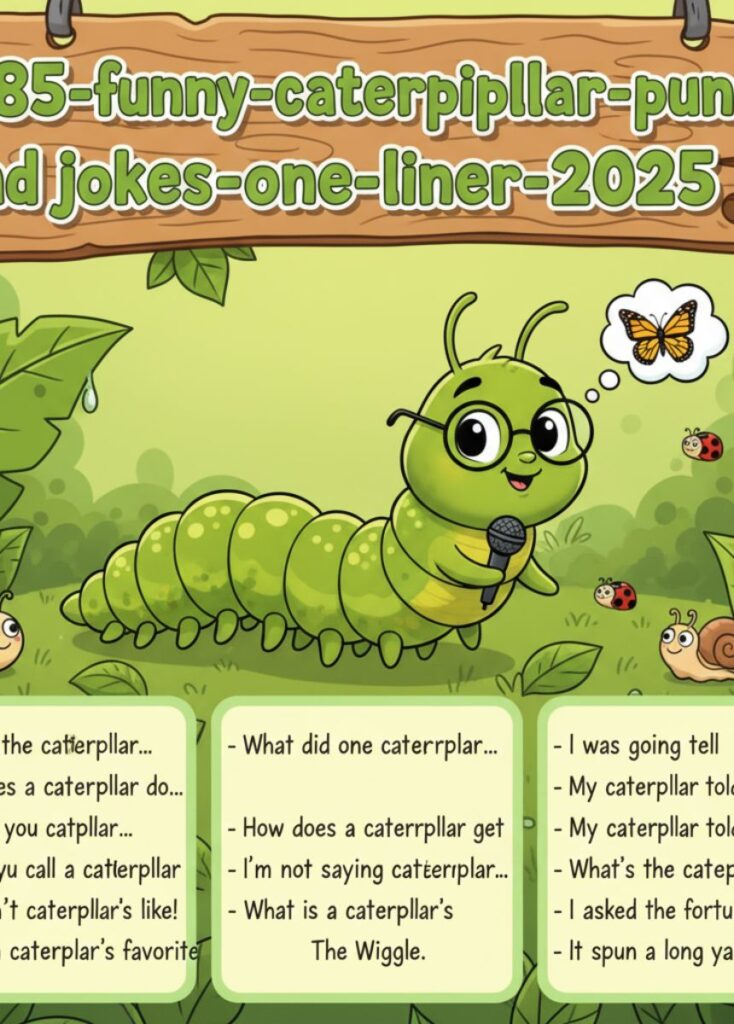 A collection of 185 funny caterpillar-themed puns and one-liner jokes for 2025, featuring playful humor, clever wordplay, and lighthearted laugh
