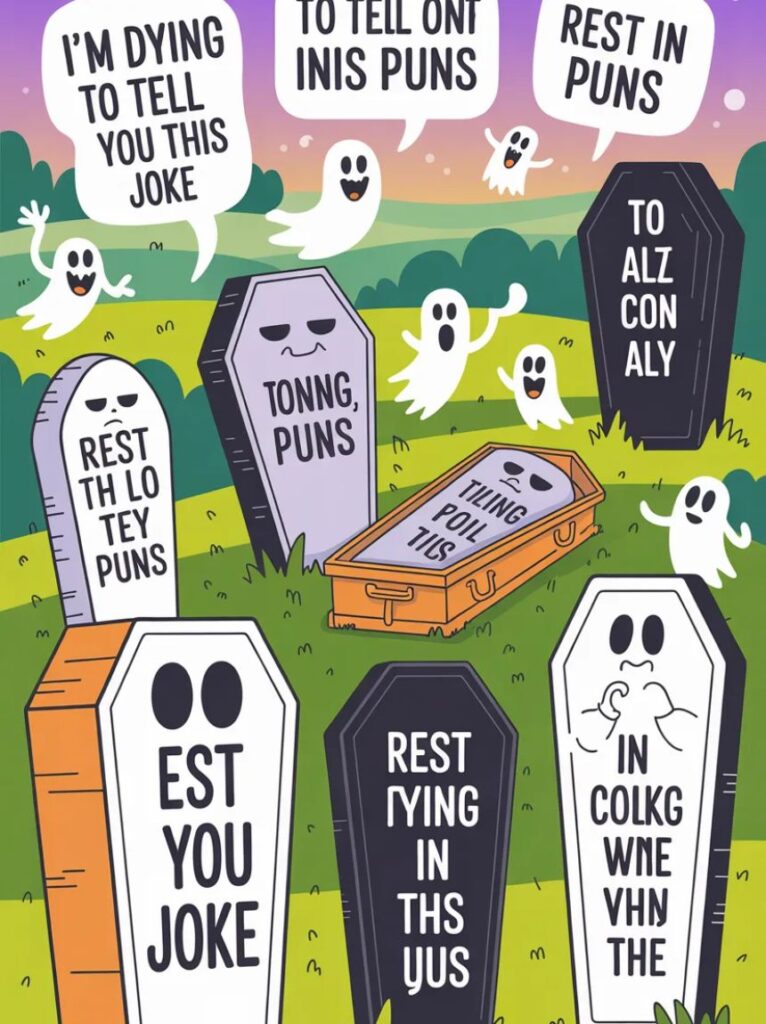 Laugh with 185 funny coffin puns and one-liner jokes about tombs, graves, and spooky humor, perfect for social media and Halloween laughs in 2025.