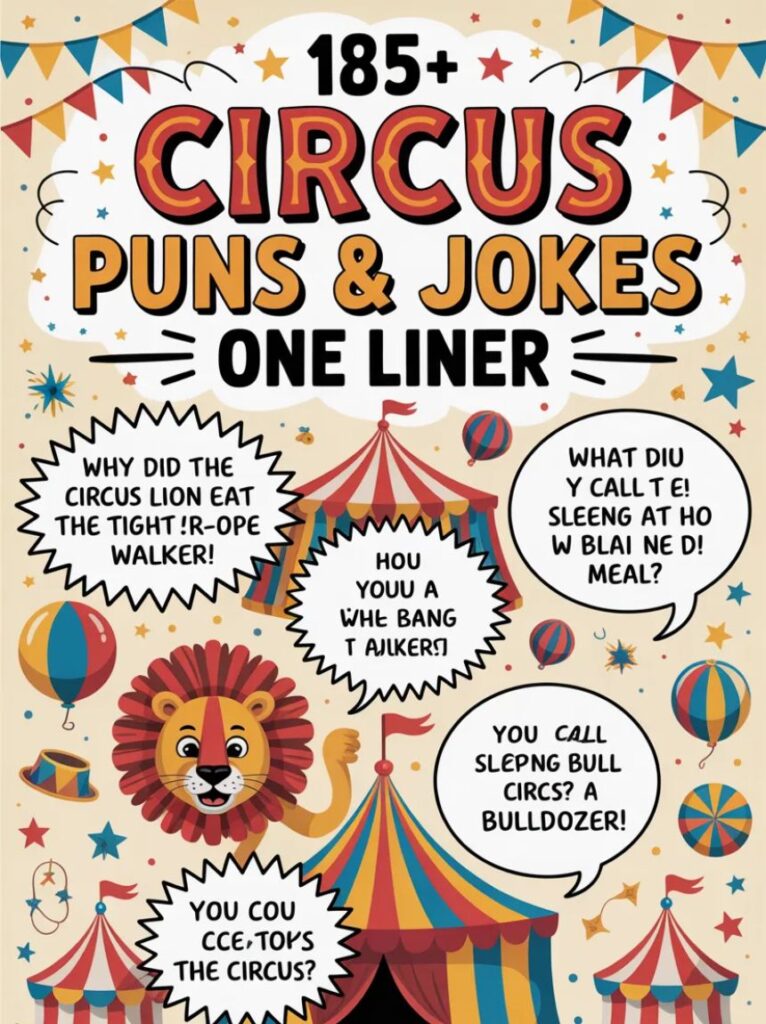 A cheerful cartoon circus scene with clowns, animals, and performers, representing 185 funny circus puns and one-liner jokes for all ages.