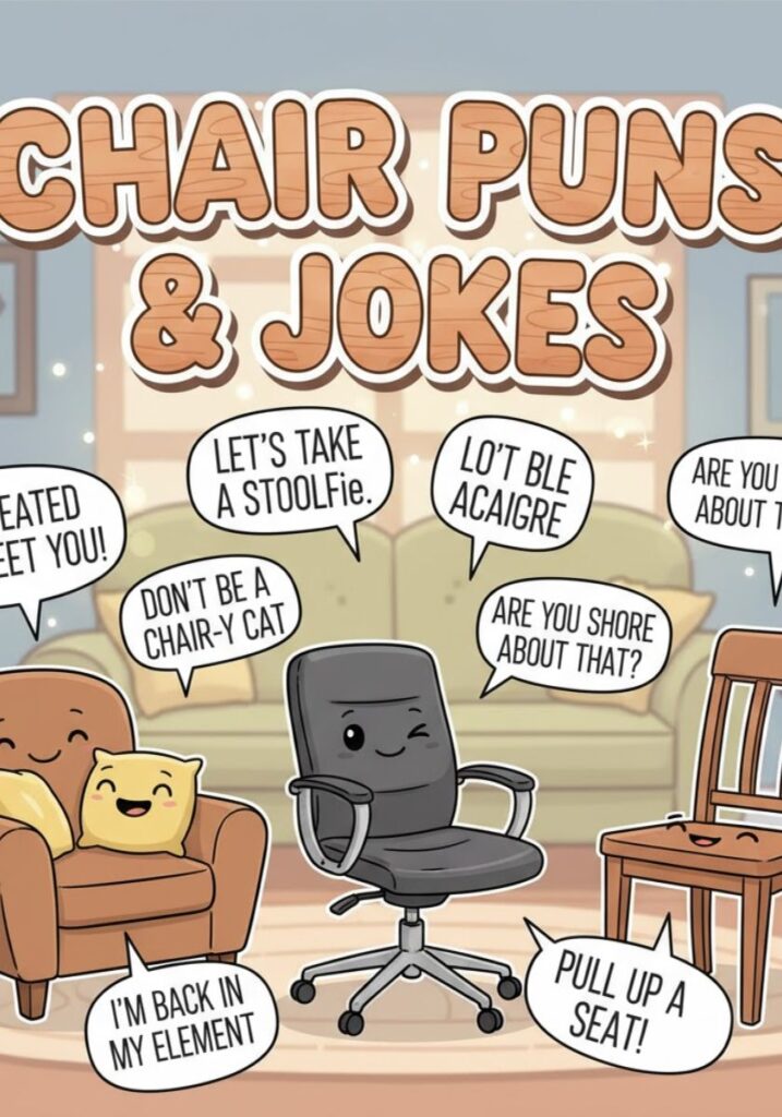 "Collection of 195 funny chair puns and one-liner jokes for 2025, featuring clever wordplay and humorous furniture-themed laughs."