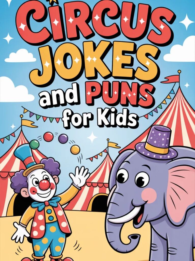 A playful cartoon clown entertaining children under a colorful circus tent, representing fun and kid-friendly circus jokes and puns