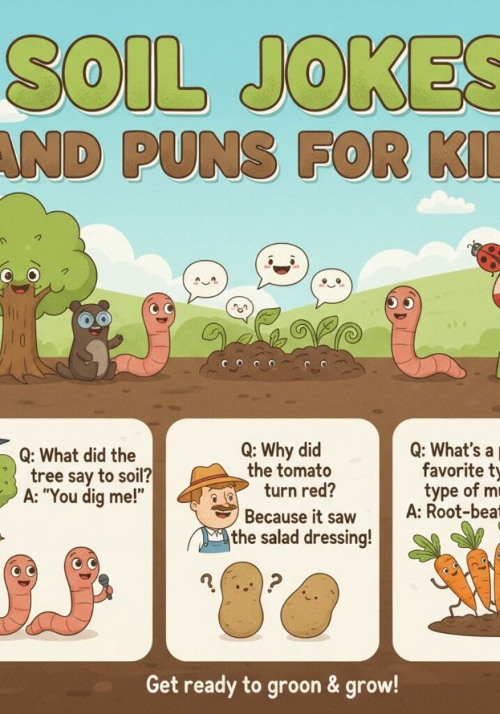 "Kid-friendly soil jokes and puns with playful one-liners about dirt, gardening, and nature, perfect for children’s humor and learning fun."