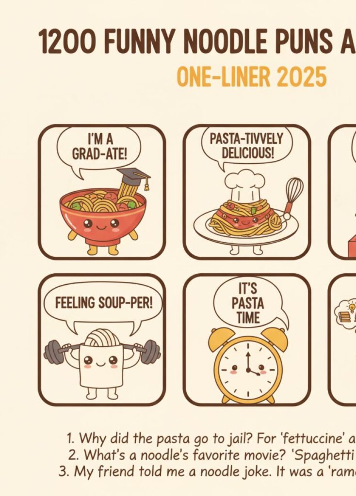 A collection of 200 funny noodle-themed puns and one-liner jokes for 2025, featuring playful humor, clever wordplay, and lighthearted laughs