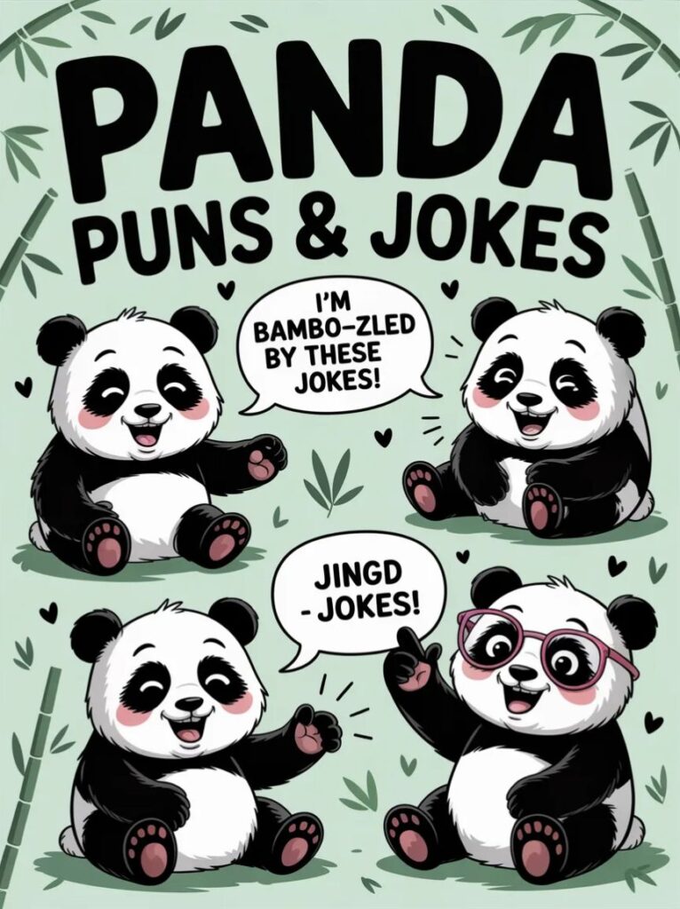 A cute cartoon panda laughing and holding bamboo, surrounded by playful text