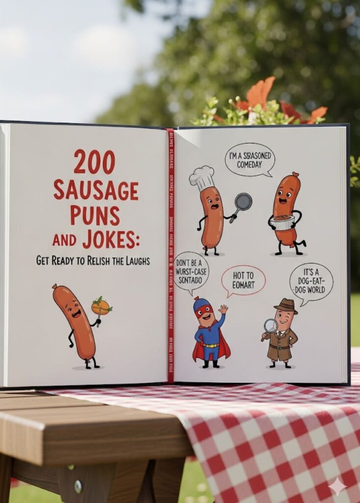 A collection of 200 sausage-themed puns and jokes, featuring playful humor, clever wordplay, and lighthearted laughs to relish and enjoy.