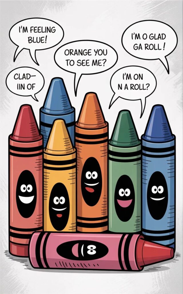 Alt text: Laugh out loud with 210 funny crayon puns and one-liner jokes about coloring, crayons, and creativity, perfect for kids, artists, and social media laughs in 2025.