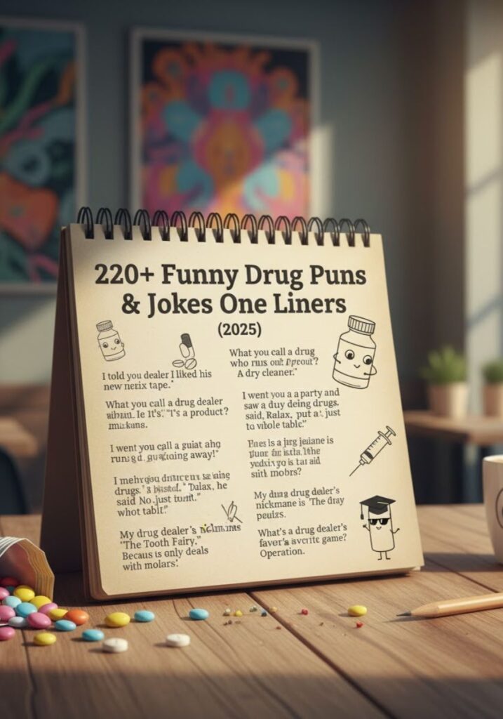 Collection of 220 funny drug puns and one-liner jokes for 2025, featuring clever wordplay and sharable humor for friends and social media