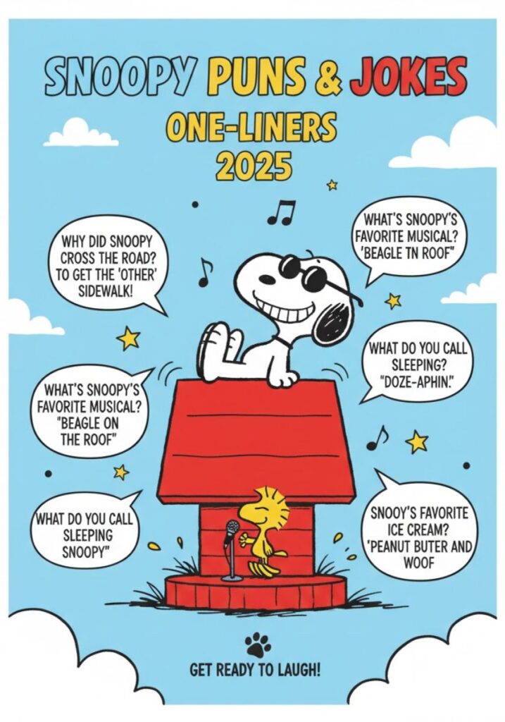 "Collection of 225 funny Snoopy puns and one-liner jokes for 2025, featuring clever Peanuts humor and sharable laughs for fans."