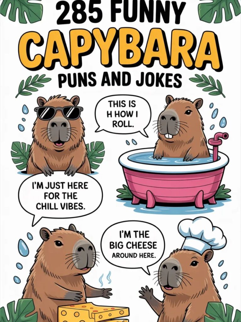 A cheerful cartoon capybara surrounded by laughing friends, representing 285 funny capybara puns and one-liner jokes for 2025.
