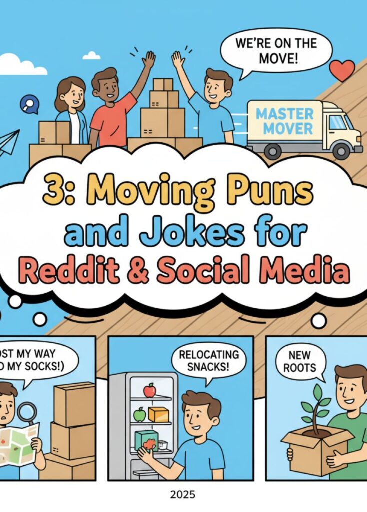 A collection of three moving-themed puns and jokes for Reddit and social media, featuring playful humor, clever wordplay, and lighthearted laughs for online sharing."