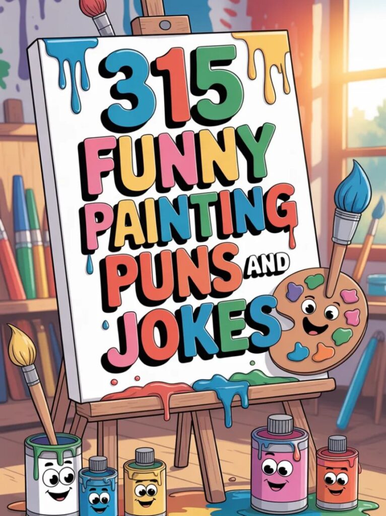 A cheerful cartoon painter holding a brush and palette, representing 315 funny painting pun