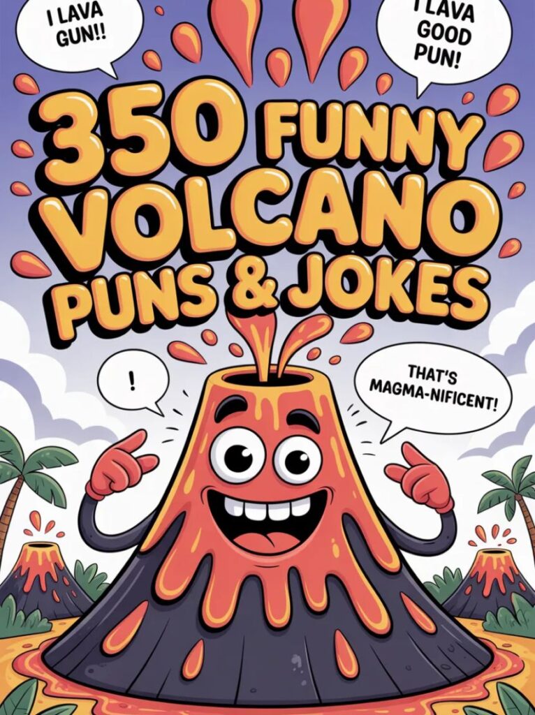 A cheerful cartoon volcano erupting with colorful lava and smoke, representing 350 funny volcano puns