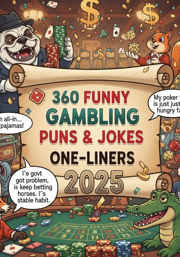 Funny gambling puns and jokes 2025 with witty casino one-liners, poker humor, and slot machine wordplay for players and betting fans