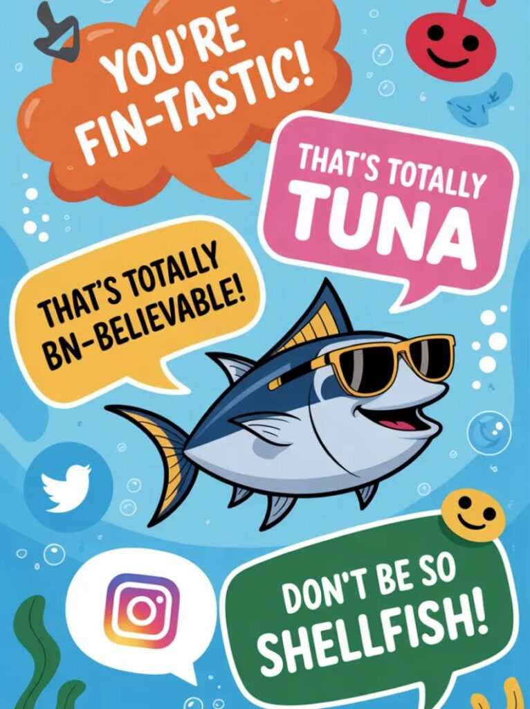 A cartoon tuna surrounded by social media icons and laughing emojis, representing funny tuna puns and jokes for Reddit and other platforms.