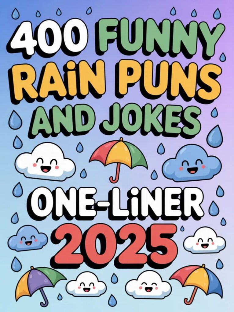 A cheerful person holding an umbrella in the rain, laughing at funny rain puns and one-liner jokes,