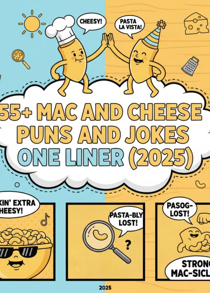 A collection of 55 mac-and-cheese-themed puns and one-liner jokes, featuring playful humor, clever wordplay, and lighthearted laughs for readers to enjoy.
