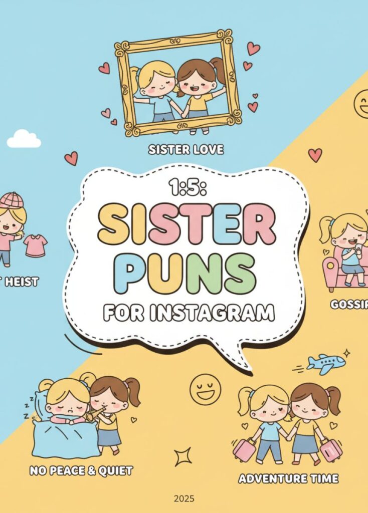 A collection of five sister-themed puns perfect for Instagram, featuring witty humor, playful wordplay, and lighthearted captions for social media."