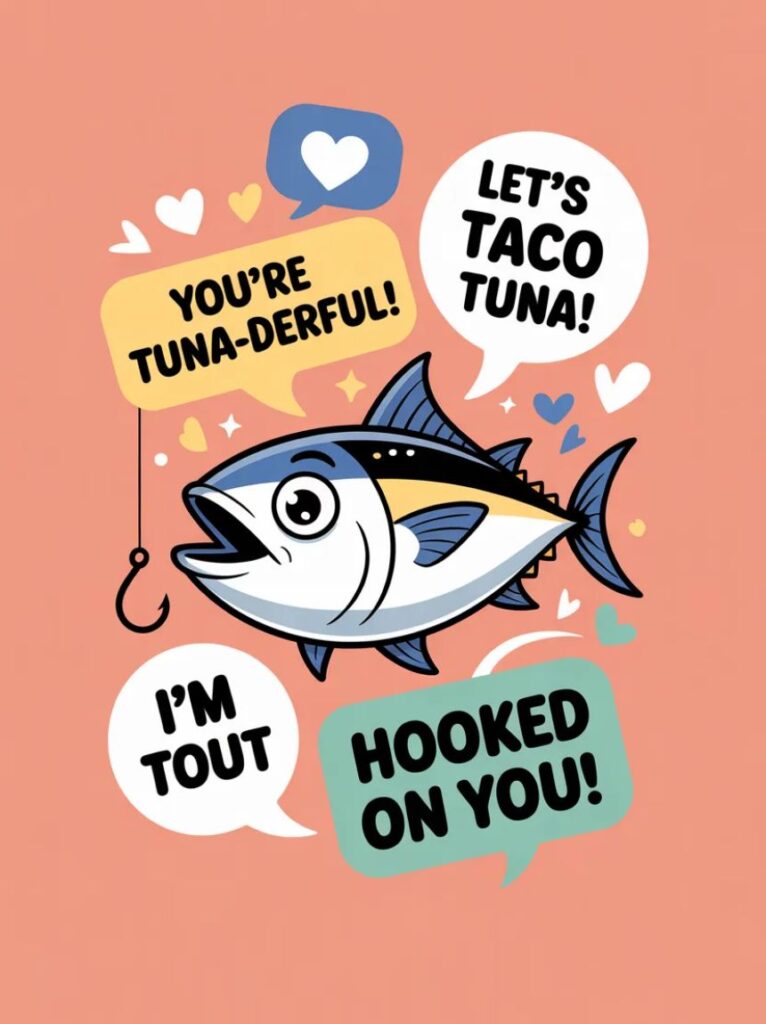 A cheerful cartoon tuna with a playful expression, perfect for sharing funny and cute tuna puns