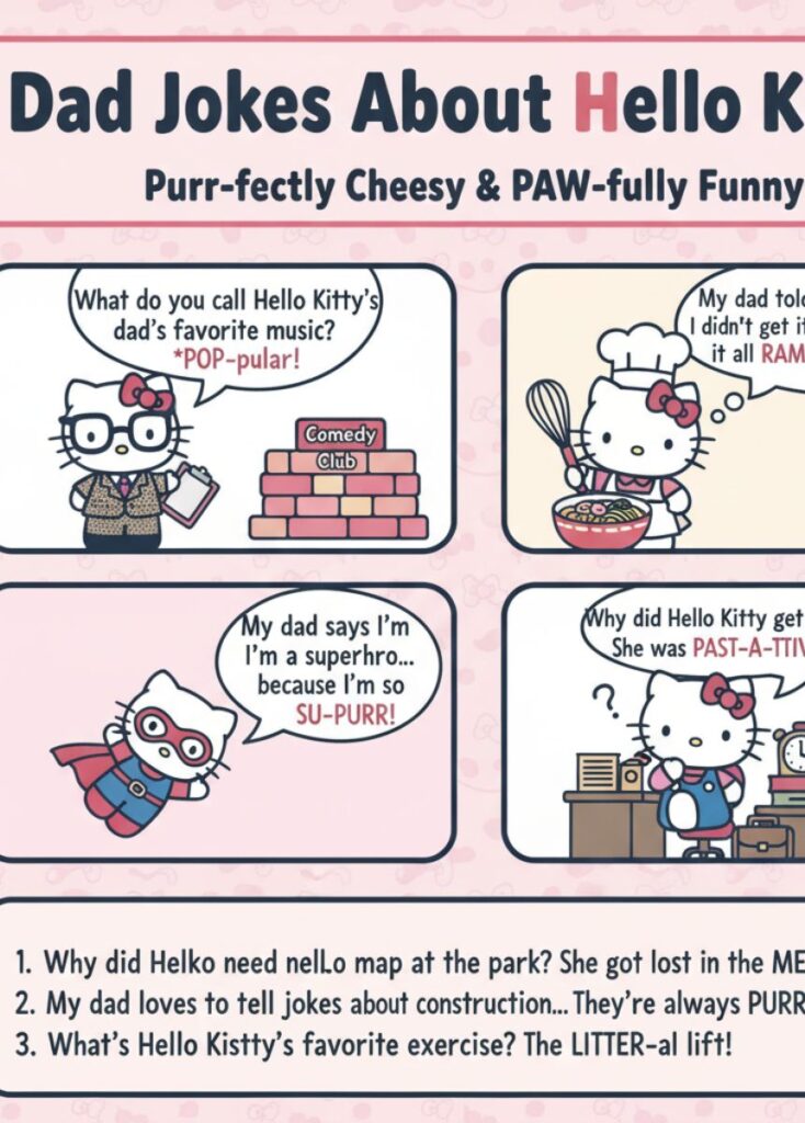 A collection of dad jokes about Hello Kitty, featuring pun-filled quips, playful humor, and clever wordplay to entertain and amuse readers.