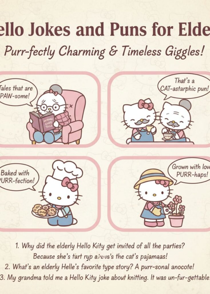 A collection of two Hello Kitty-themed jokes and puns for elders, featuring playful humor, clever wordplay, and lighthearted laughs suitable for older readers