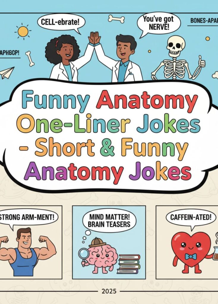 A collection of funny anatomy-themed one-liner jokes, featuring short, playful humor, clever wordplay, and lighthearted laughs perfect for quick entertainment