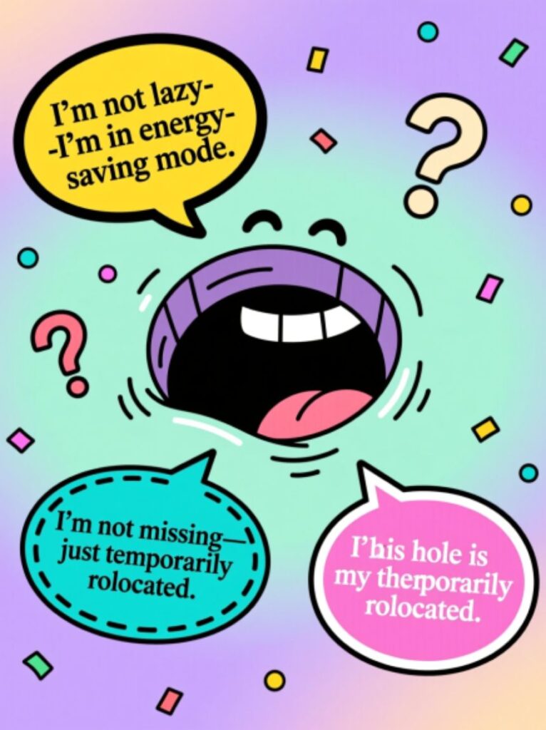 A cheerful character pointing at a small hole while laughing, capturing short and funny one-liner jokes about holes in a lighthearted, playful scene.