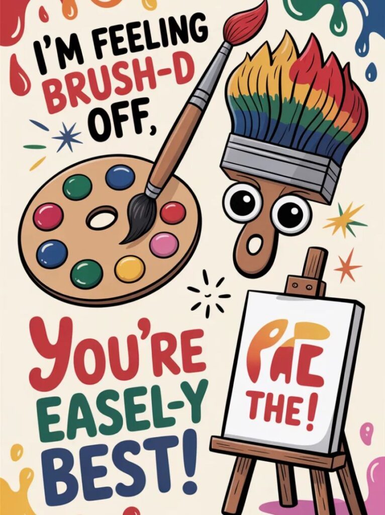 :
A smiling cartoon painter holding a colorful palette, representing funny and playful painting PUN