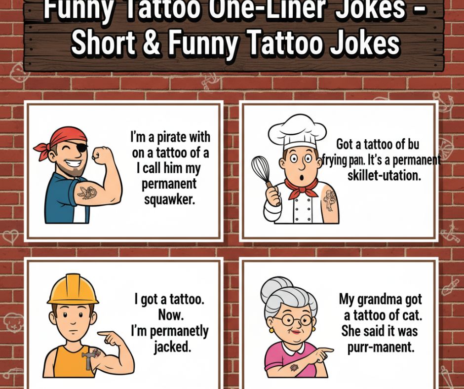 A collection of funny tattoo-themed one-liner jokes, featuring short, playful humor, clever wordplay, and lighthearted laughs perfect for quick entertainment."