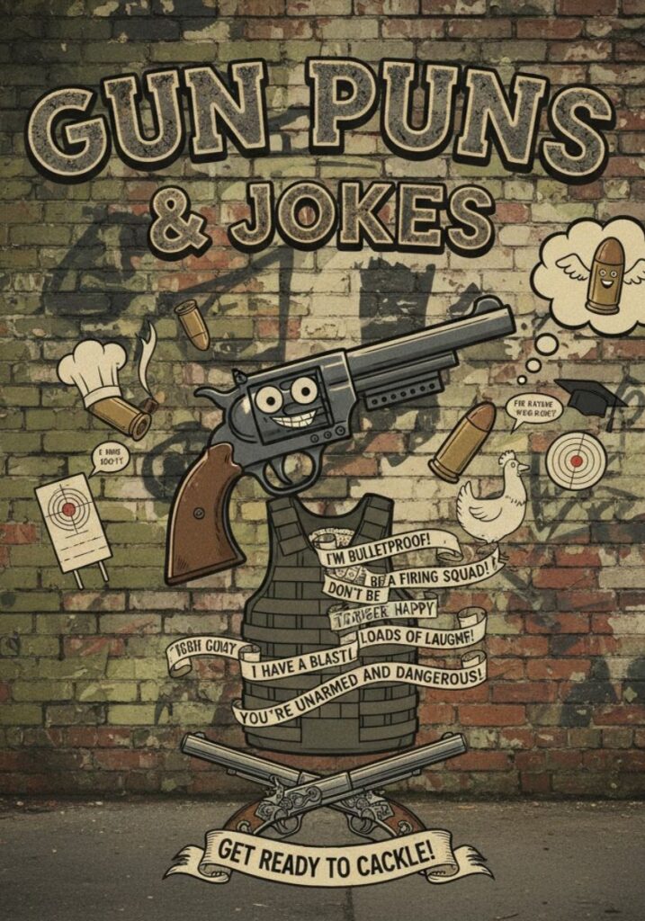 Clever gun puns and jokes collection featuring witty one-liners and humor for social media, perfect for sharable laughs.
