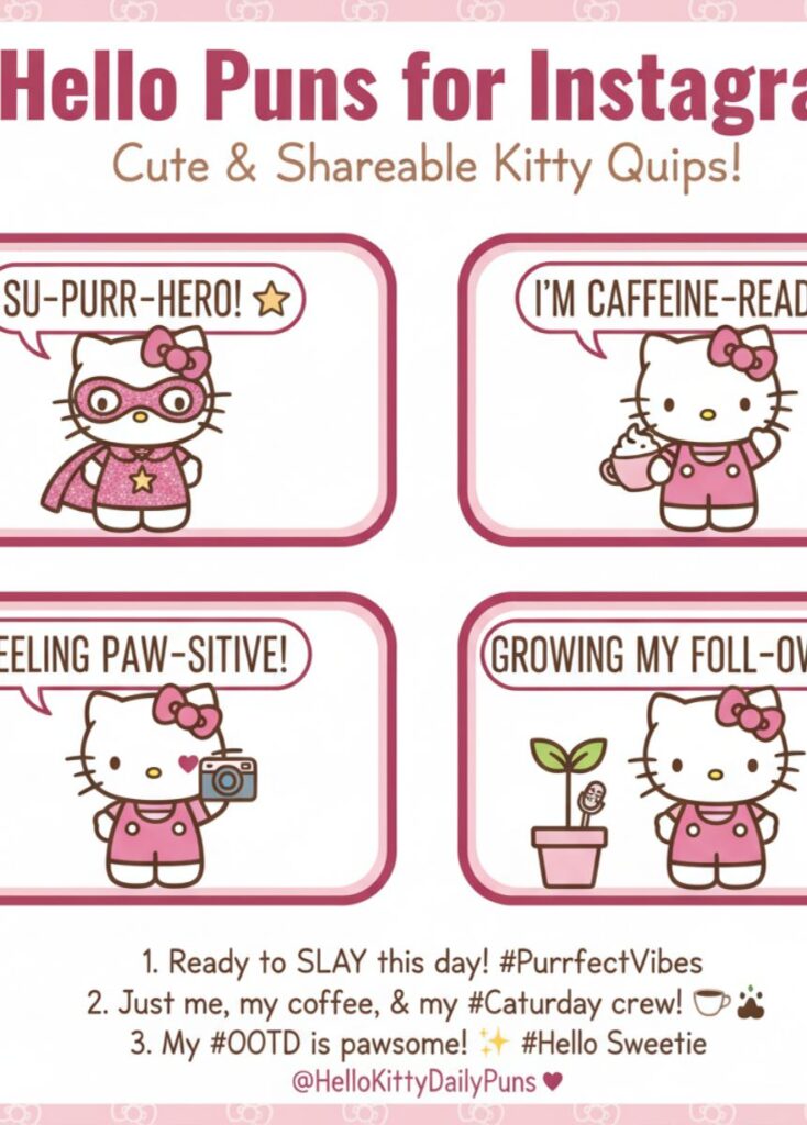 A collection of Hello Kitty-themed puns for Instagram, featuring playful humor, clever wordplay, and lighthearted captions perfect for social media posts.