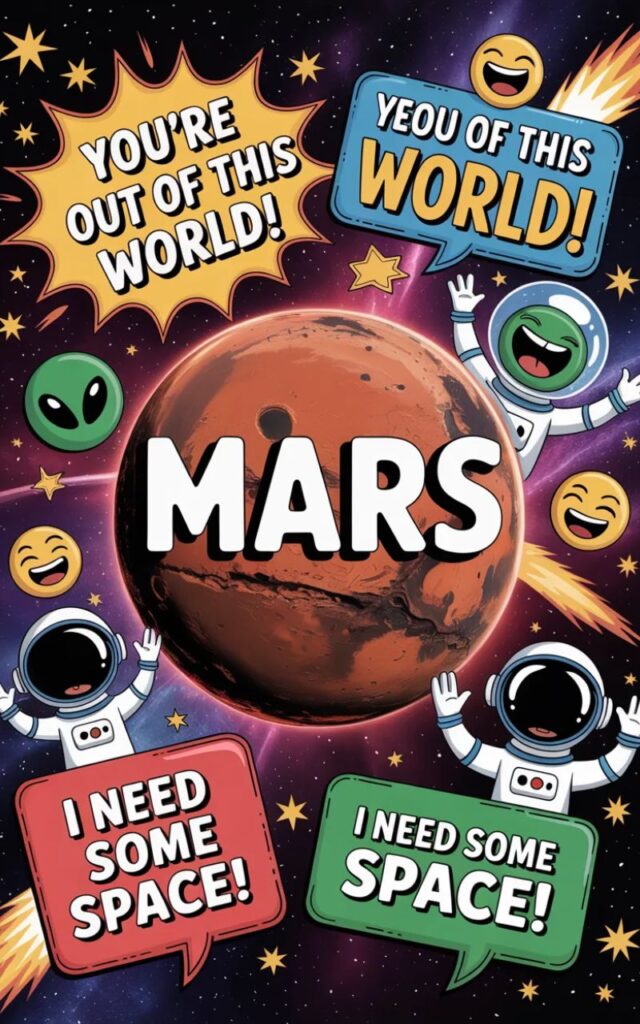 A playful image featuring Mars puns and jokes with cartoon planets, astronauts, and rockets sharing funny, space-themed humor perfect for social media and science fans.