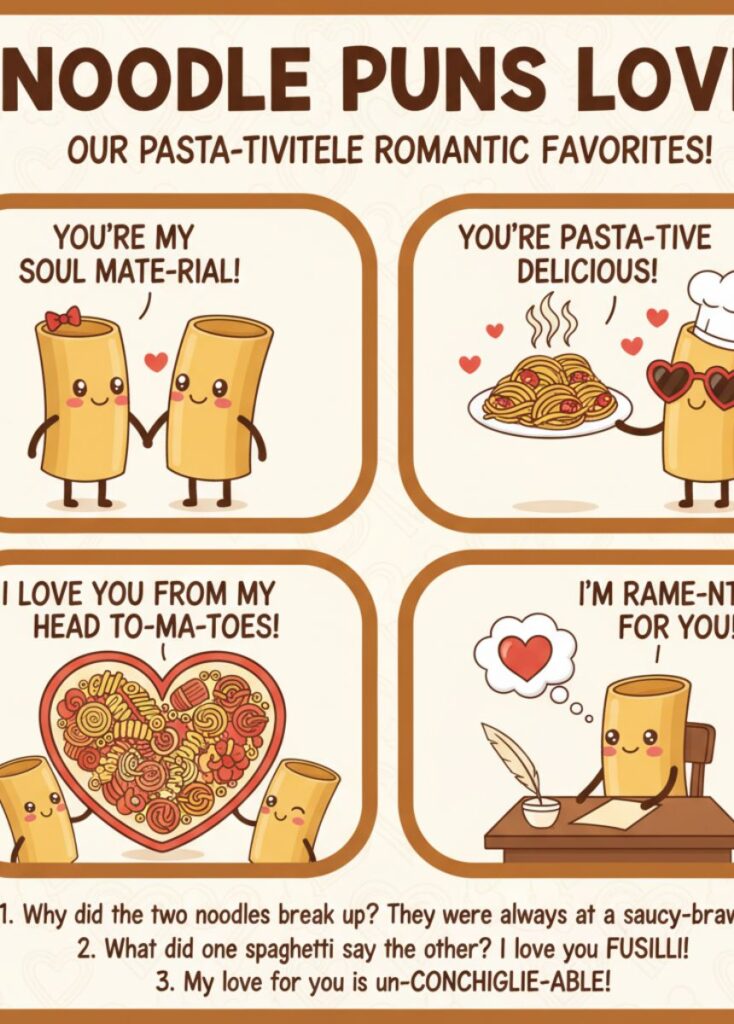 A collection of noodle-themed love puns, featuring playful humor, clever wordplay, and lighthearted laughs perfect for sharing affectionately."