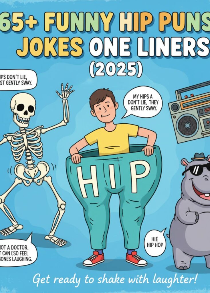 A collection of 165+ funny hip-themed puns and one-liner jokes for 2025, featuring clever wordplay, playful humor, and lighthearted laughs."