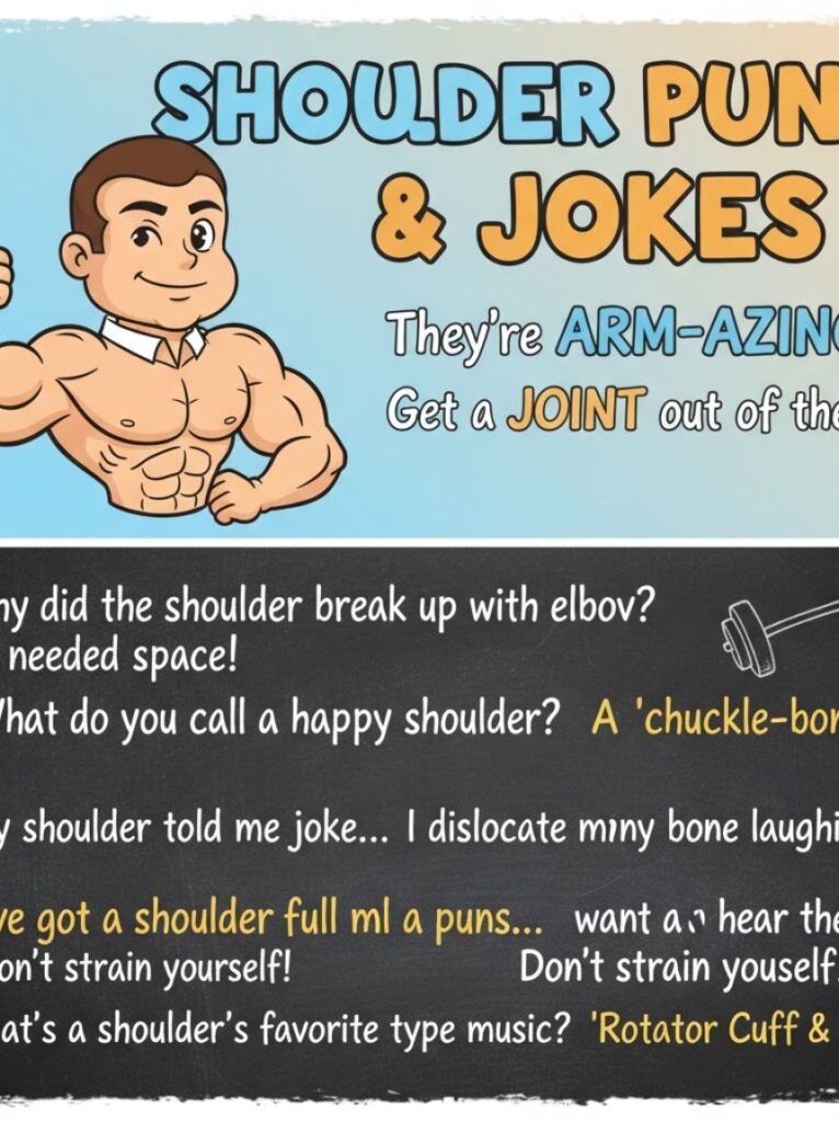 A person playfully shrugging their shoulders with a big smile, surrounded by laughing friends, representing funny shoulder puns, jokes, and one-liners for 2025.