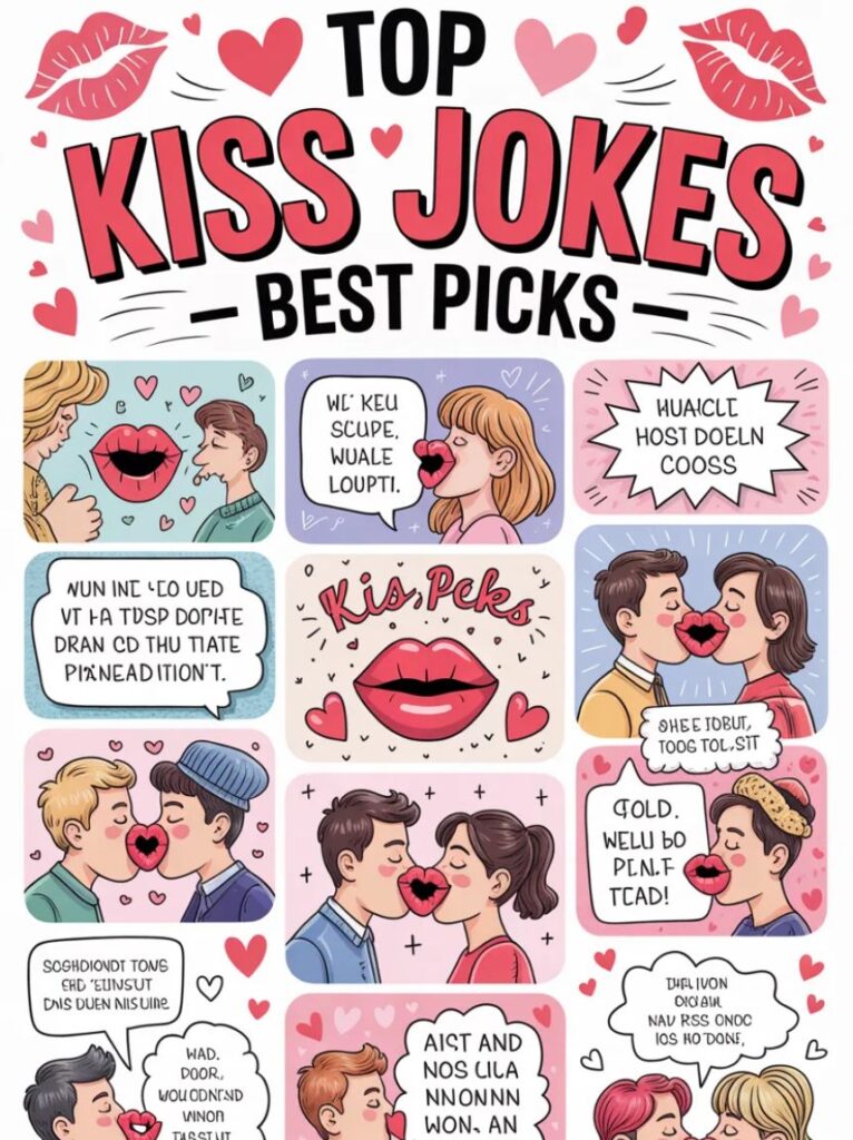 A smiling couple laughing while leaning in for a playful kiss, highlighting the top kiss jokes and best picks for humor.